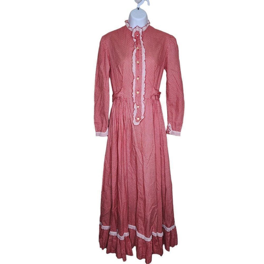 Vintage 40s Country Prairie Maxi Dress Womens Small Red Calico Metal Zipper